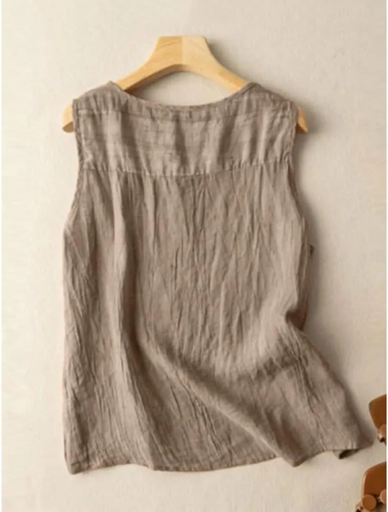 Women's Summer Solid Color Undershirt Round Neck Sleeveless Top Button Decorative Pullover Loose Leisure Shirts