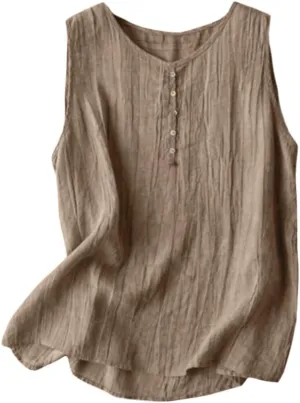 Women's Summer Solid Color Undershirt Round Neck Sleeveless Top Button Decorative Pullover Loose Leisure Shirts