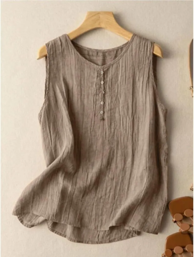 Women's Summer Solid Color Undershirt Round Neck Sleeveless Top Button Decorative Pullover Loose Leisure Shirts
