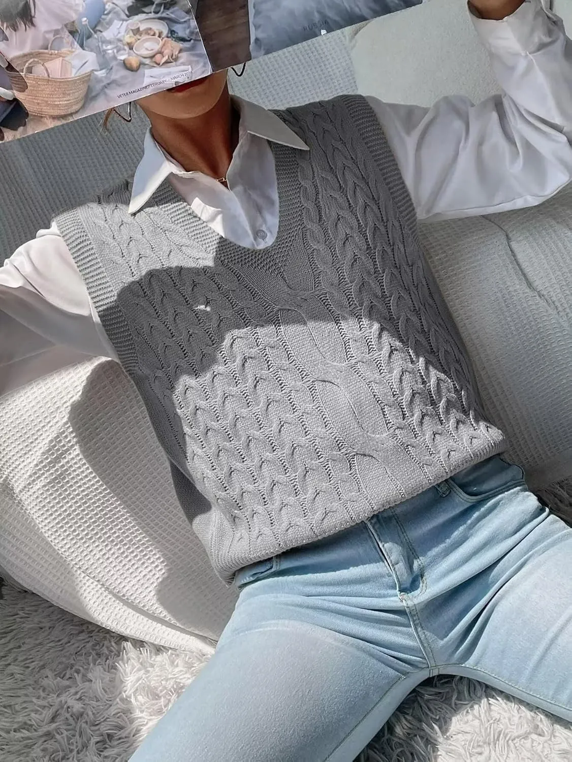Womens Sweater Vest Cable Knit Casual V Neck Ribbed Preppy Pullover Tops Sleeveless