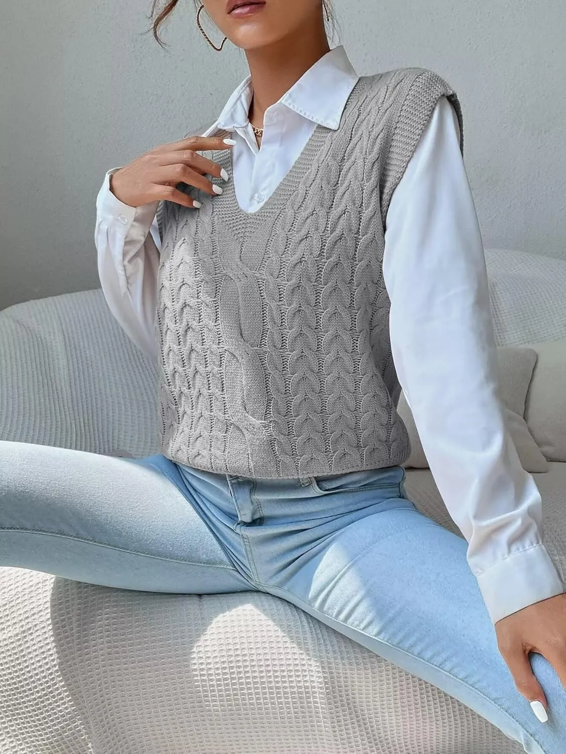 Womens Sweater Vest Cable Knit Casual V Neck Ribbed Preppy Pullover Tops Sleeveless