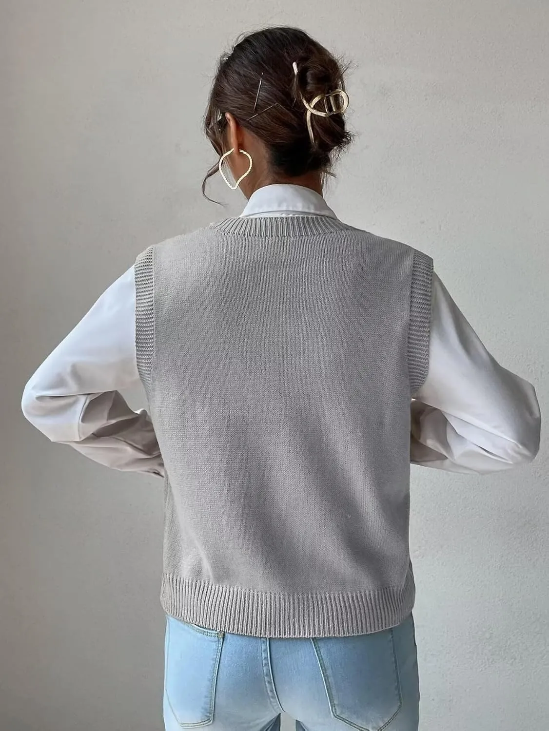 Womens Sweater Vest Cable Knit Casual V Neck Ribbed Preppy Pullover Tops Sleeveless