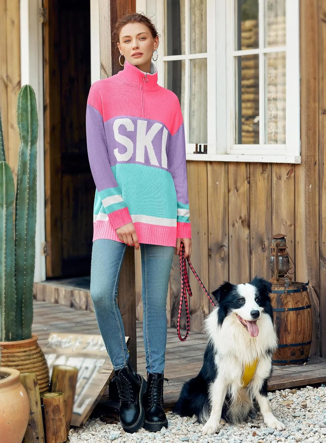 Womens Sweaters Trendy Long Sleeve 1/4 Zip Pullover Polo V Neck Dressy Casual Color Block Ski Knit Tops