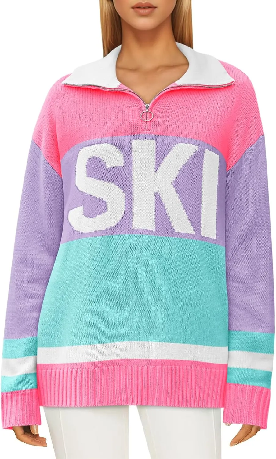 Womens Sweaters Trendy Long Sleeve 1/4 Zip Pullover Polo V Neck Dressy Casual Color Block Ski Knit Tops