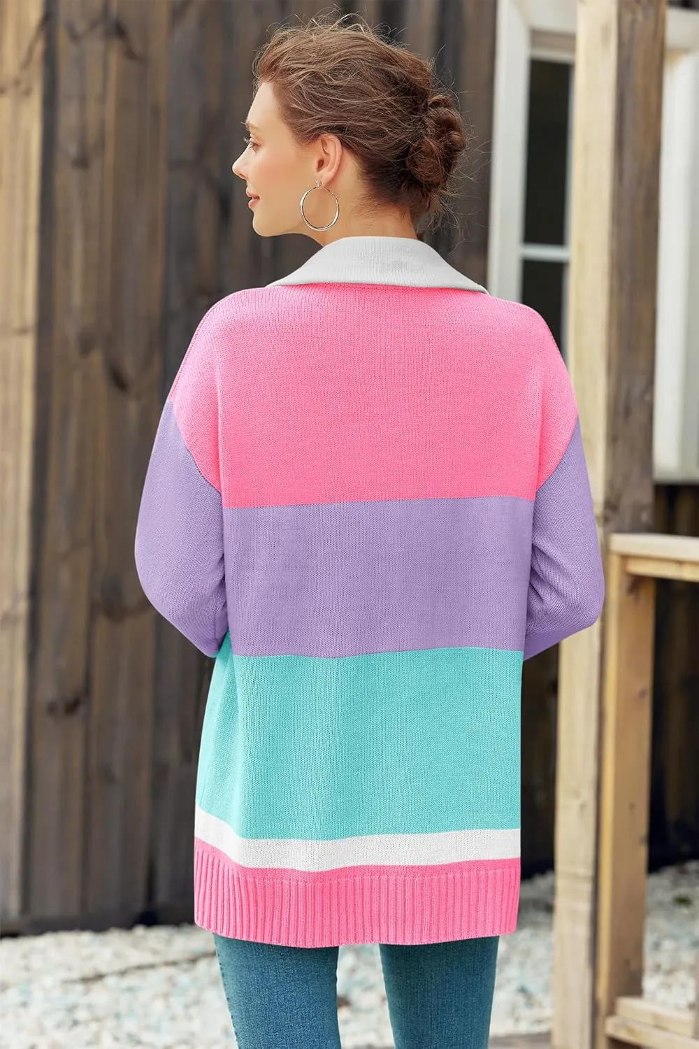 Womens Sweaters Trendy Long Sleeve 1/4 Zip Pullover Polo V Neck Dressy Casual Color Block Ski Knit Tops