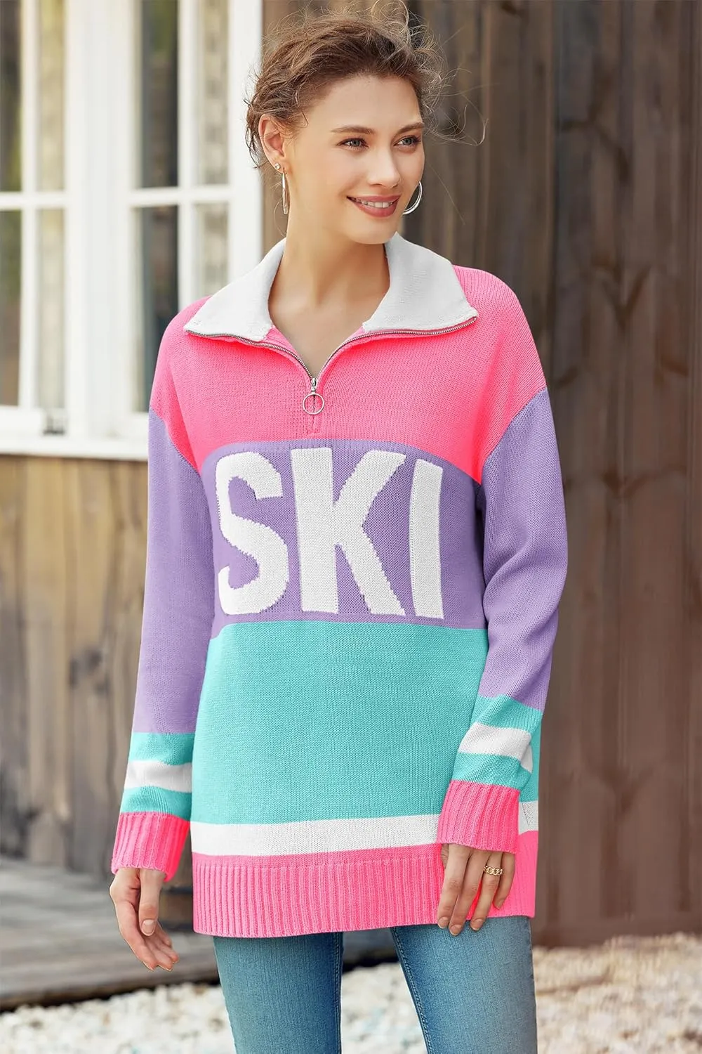 Womens Sweaters Trendy Long Sleeve 1/4 Zip Pullover Polo V Neck Dressy Casual Color Block Ski Knit Tops