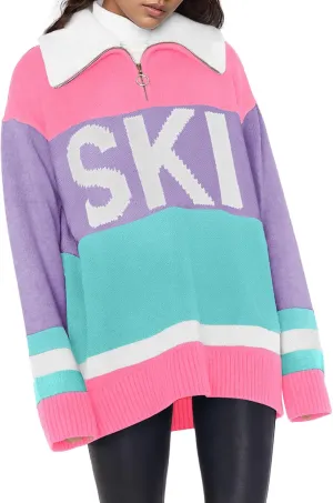 Womens Sweaters Trendy Long Sleeve 1/4 Zip Pullover Polo V Neck Dressy Casual Color Block Ski Knit Tops