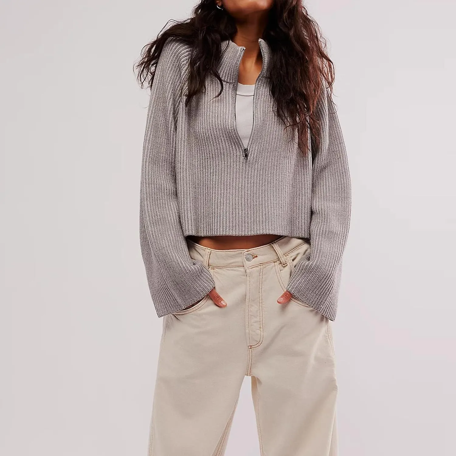 Womens Turtleneck Cropped Sweater Half Zipper Pullover Knit Oversized Sweater Fall Y2k Outfits