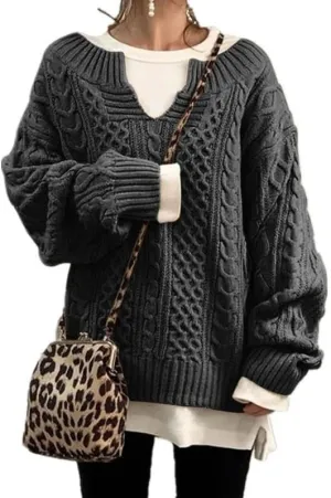 Womens V Neck Cable Knit Sweater Long Sleeve Chunky Sweater Fall Winter Fashion Casual Oversized Sweater Tops