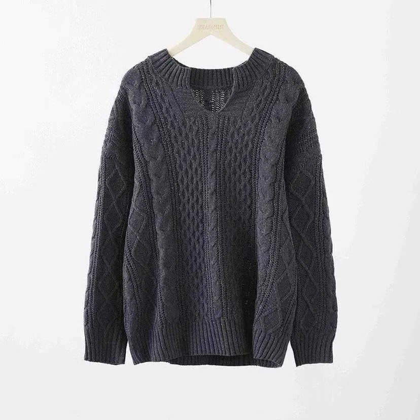 Womens V Neck Cable Knit Sweater Long Sleeve Chunky Sweater Fall Winter Fashion Casual Oversized Sweater Tops