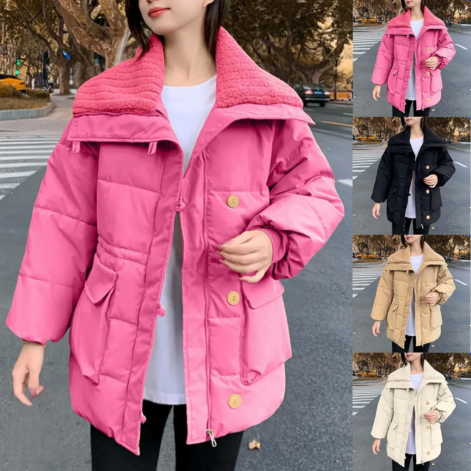 Womens Winter Coats Oversized Full Zipped Puffer Jacket Trendy Long Sleeve Down Jackets Padded Coat with Pockets