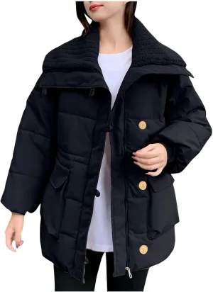 Womens Winter Coats Oversized Full Zipped Puffer Jacket Trendy Long Sleeve Down Jackets Padded Coat with Pockets