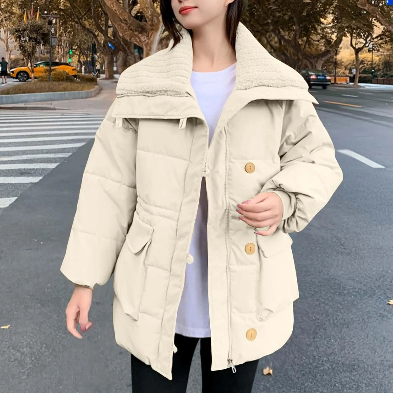 Womens Winter Coats Oversized Full Zipped Puffer Jacket Trendy Long Sleeve Down Jackets Padded Coat with Pockets