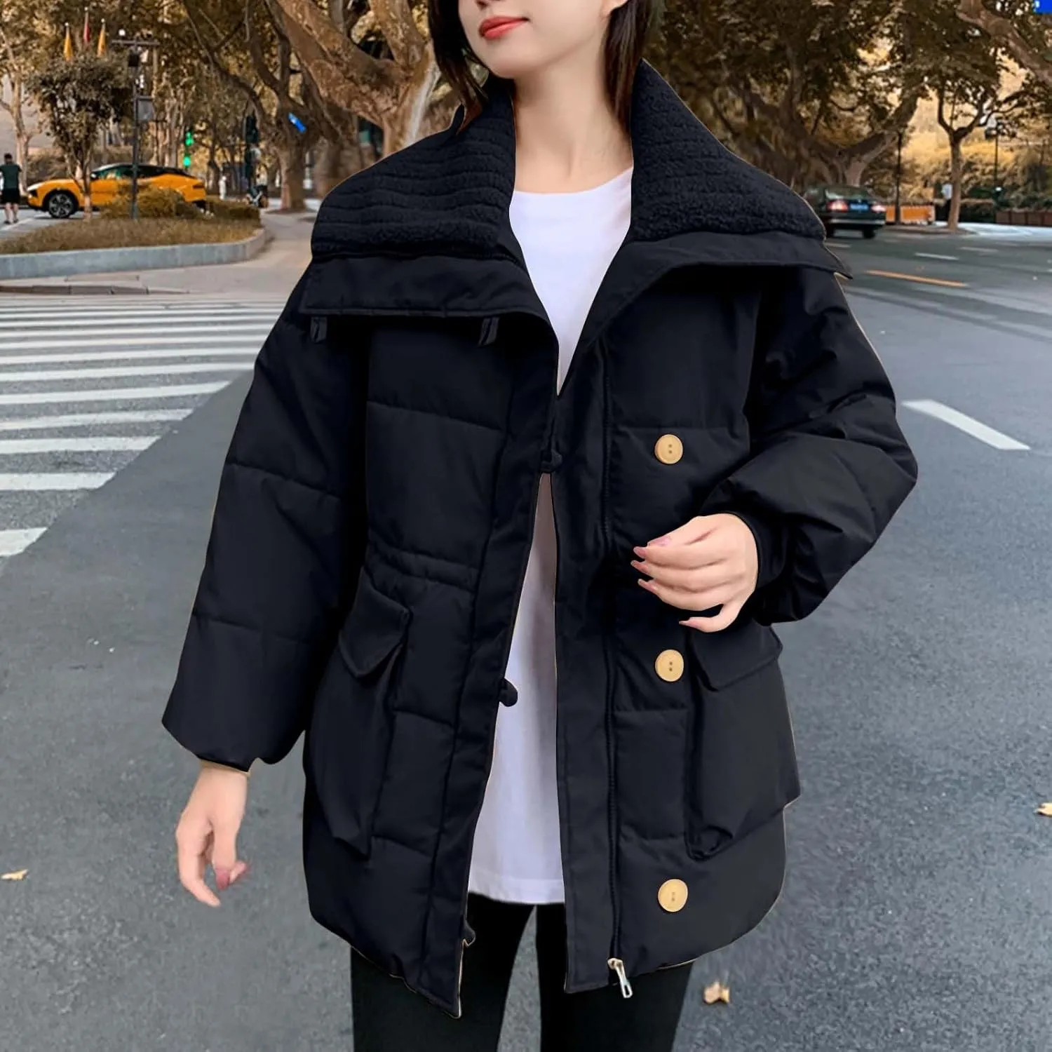 Womens Winter Coats Oversized Full Zipped Puffer Jacket Trendy Long Sleeve Down Jackets Padded Coat with Pockets