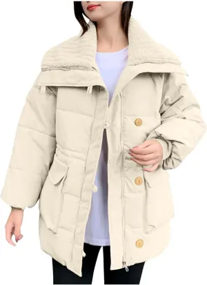 Womens Winter Coats Oversized Full Zipped Puffer Jacket Trendy Long Sleeve Down Jackets Padded Coat with Pockets