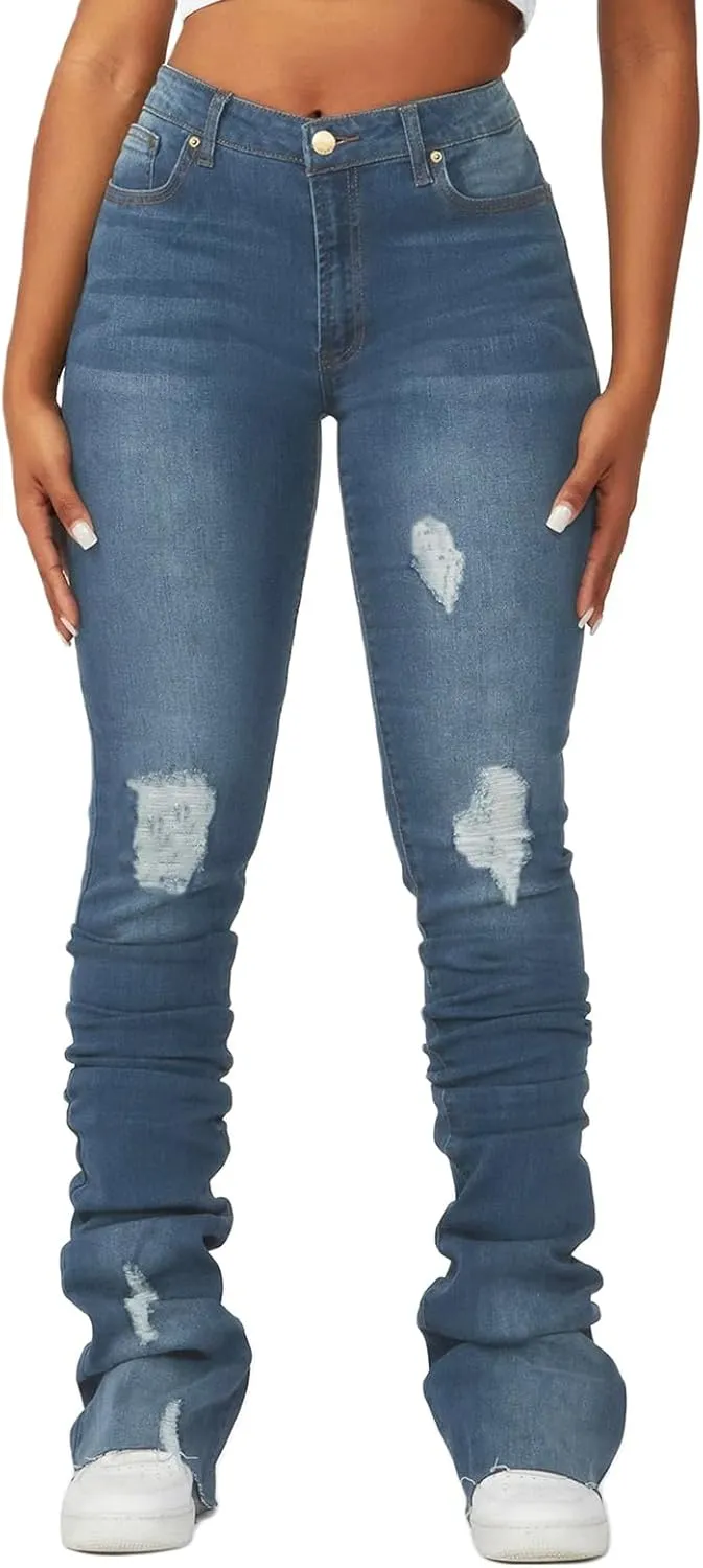 Women's Y2K Stacked Jeans Fashion Ripped High Waisted Bootcut Denim Pants Skinny Stretchy Jeans Streetwear Trousers