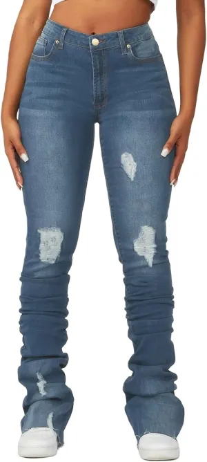 Women's Y2K Stacked Jeans Fashion Ripped High Waisted Bootcut Denim Pants Skinny Stretchy Jeans Streetwear Trousers