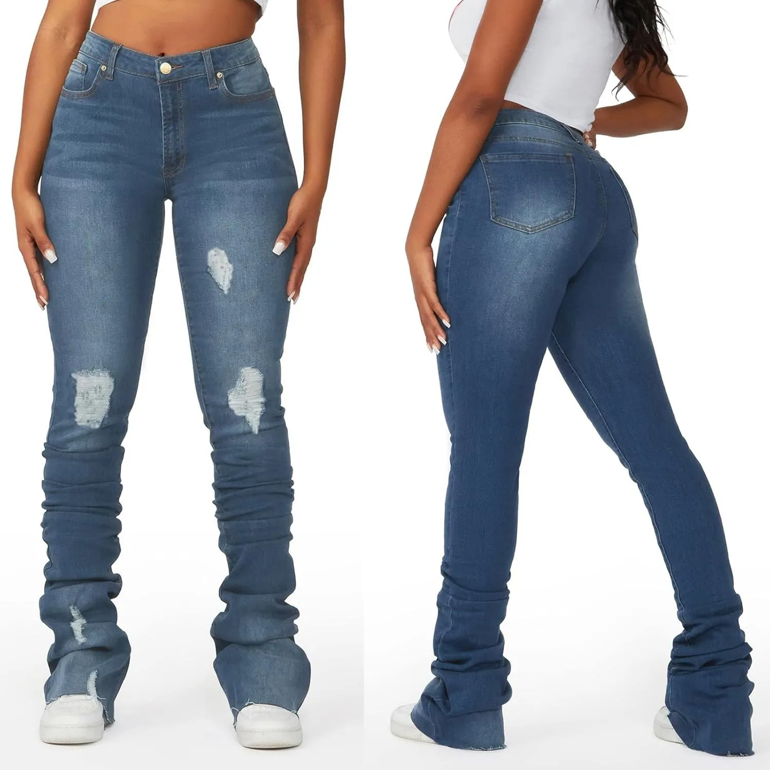 Women's Y2K Stacked Jeans Fashion Ripped High Waisted Bootcut Denim Pants Skinny Stretchy Jeans Streetwear Trousers