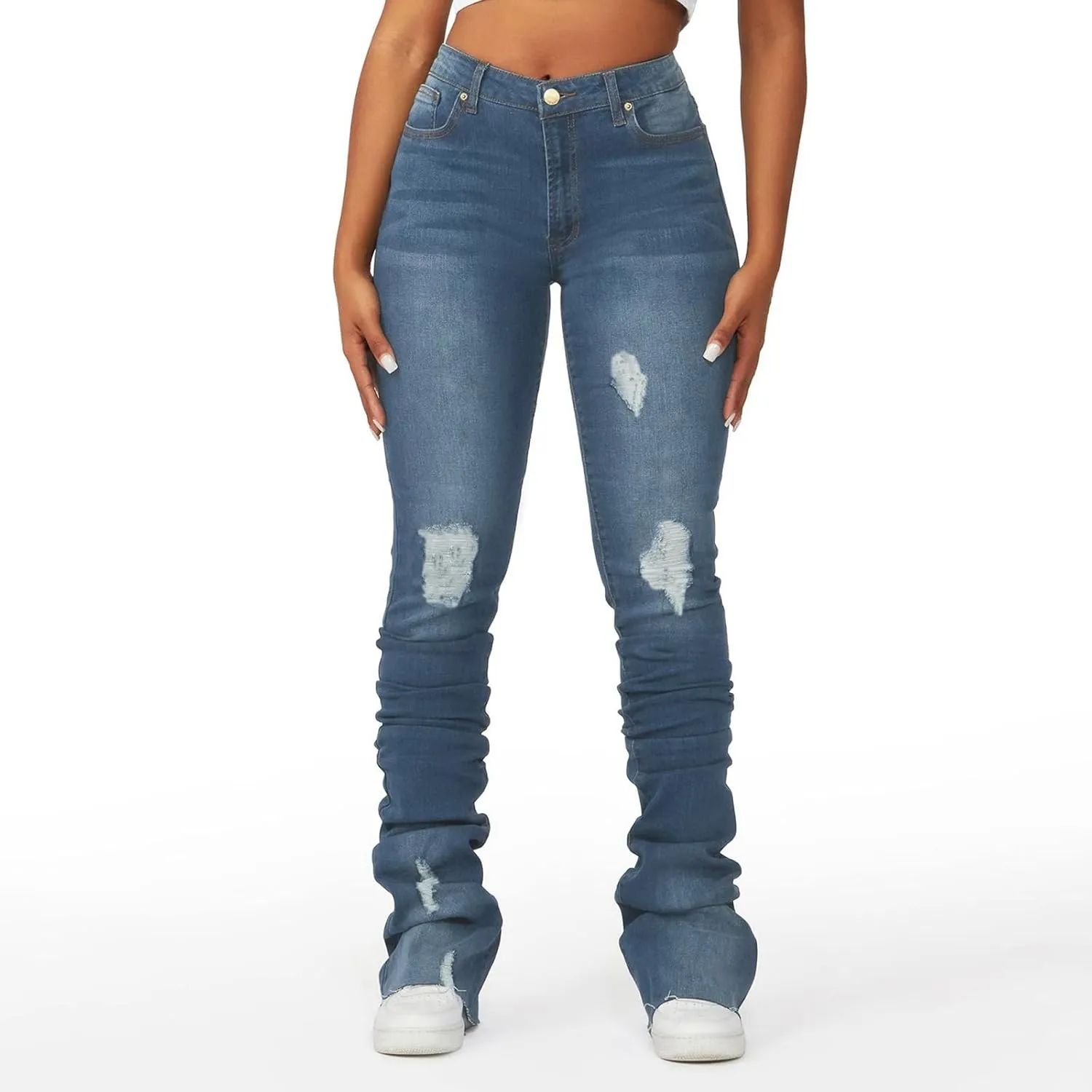 Women's Y2K Stacked Jeans Fashion Ripped High Waisted Bootcut Denim Pants Skinny Stretchy Jeans Streetwear Trousers