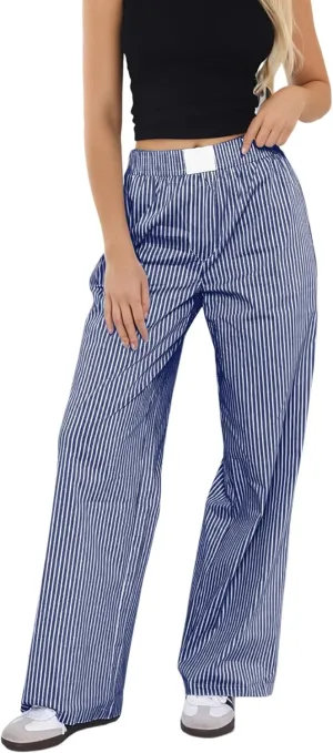 Womens Y2K Striped Lounge Pants Low Rise Elastic Waist Pajamas Pants Casual Loose Wide Leg Trousers With Pockets