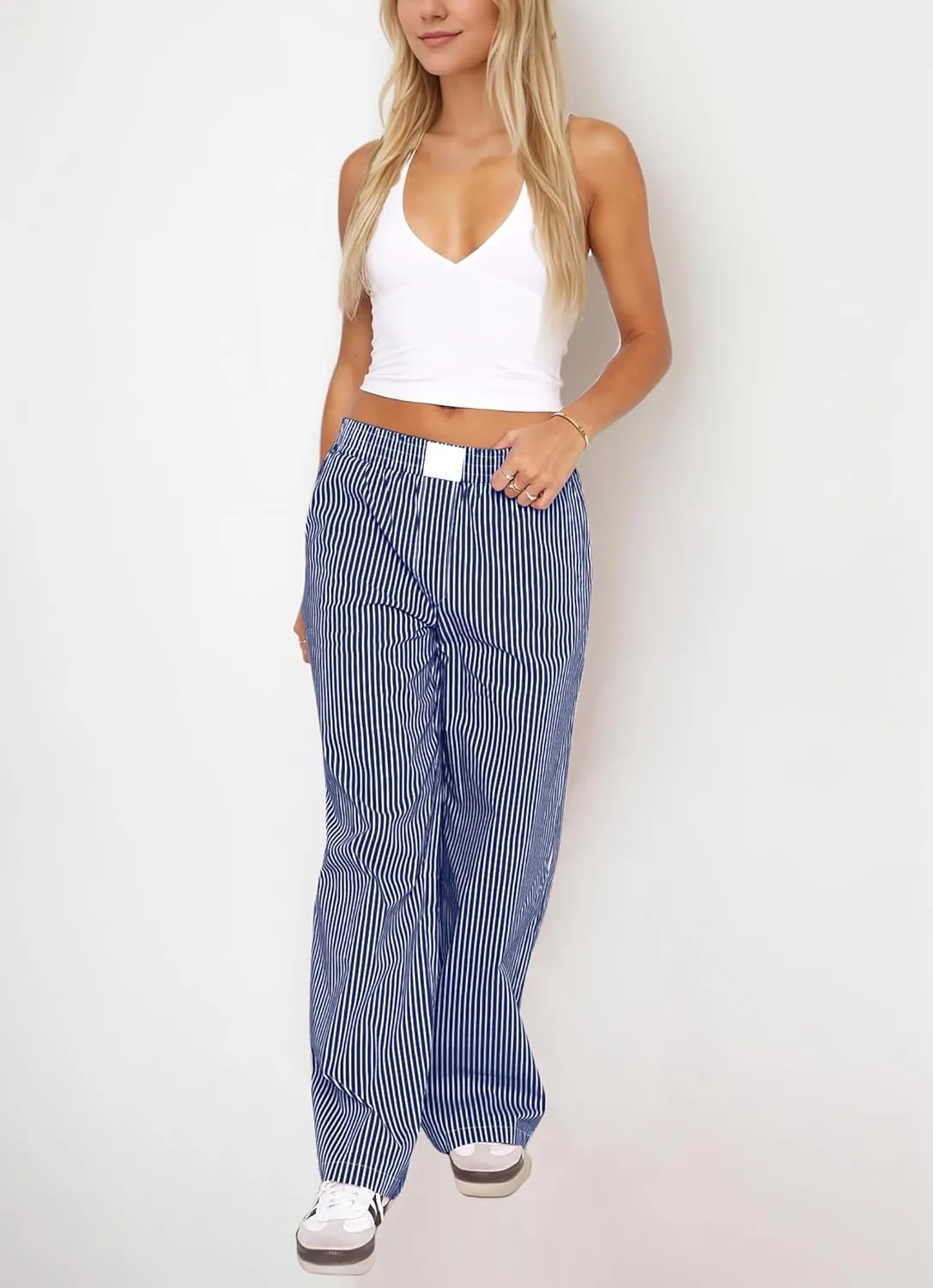 Womens Y2K Striped Lounge Pants Low Rise Elastic Waist Pajamas Pants Casual Loose Wide Leg Trousers With Pockets