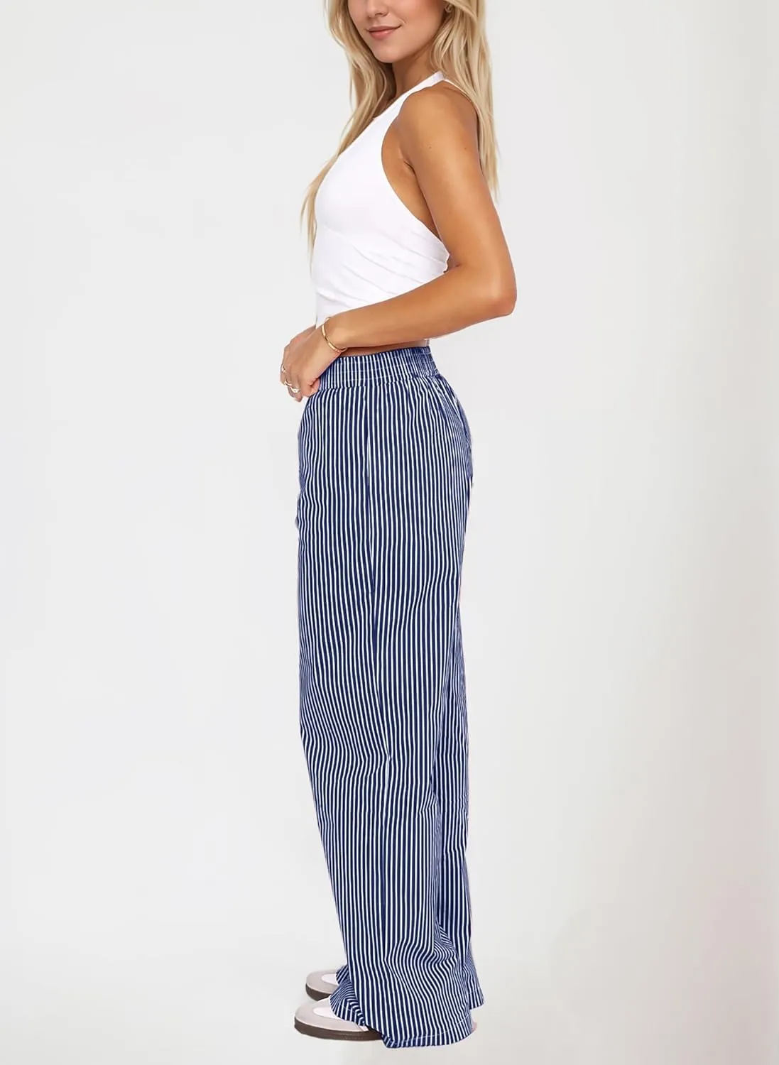 Womens Y2K Striped Lounge Pants Low Rise Elastic Waist Pajamas Pants Casual Loose Wide Leg Trousers With Pockets