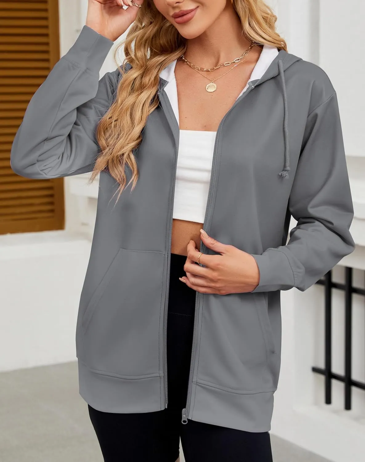 Women's Zip Up Hoodies Long Sleeve Sweatshirts Fall Outfits Casual Oversized Full Zip Hooded Jacket 2025 Fashion