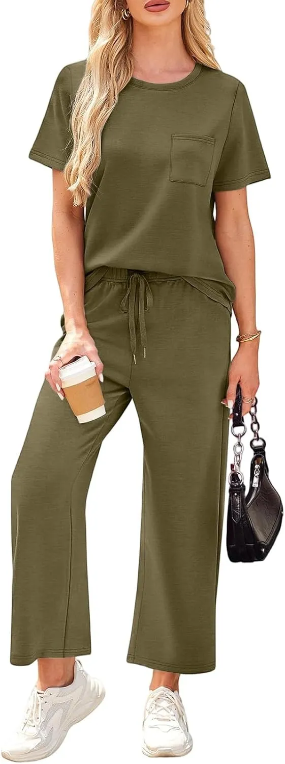 Workout Sets for Women 2025 Summer Outfits Sport Lounge Short Sleeve Wide Leg Pants Clothing Travel Fitness Sets