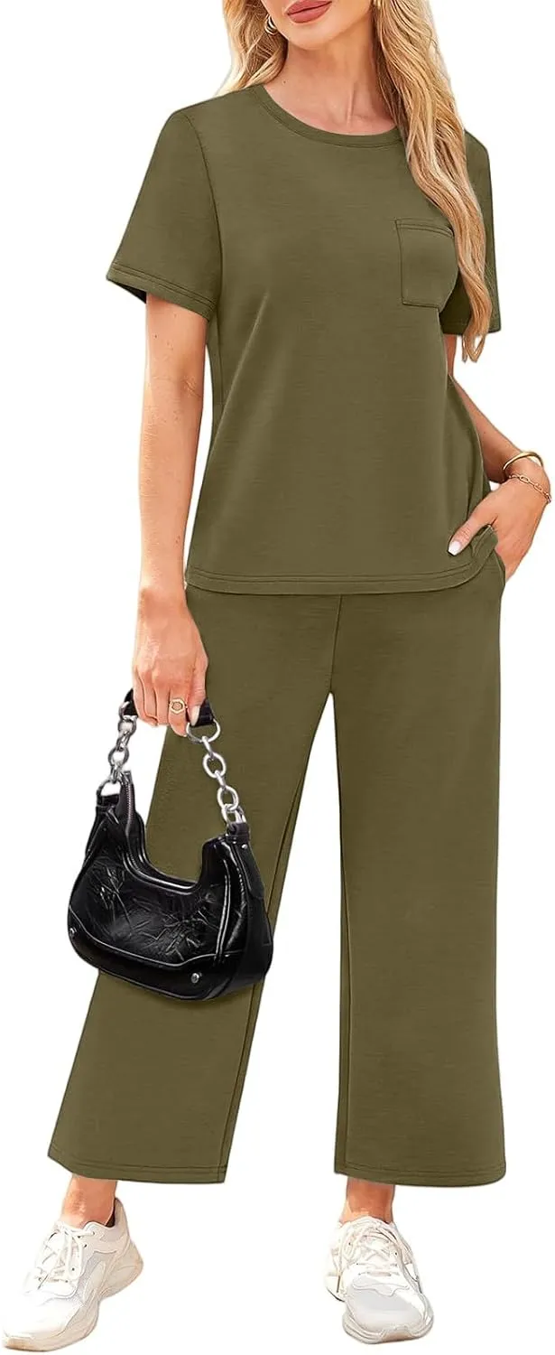 Workout Sets for Women 2025 Summer Outfits Sport Lounge Short Sleeve Wide Leg Pants Clothing Travel Fitness Sets