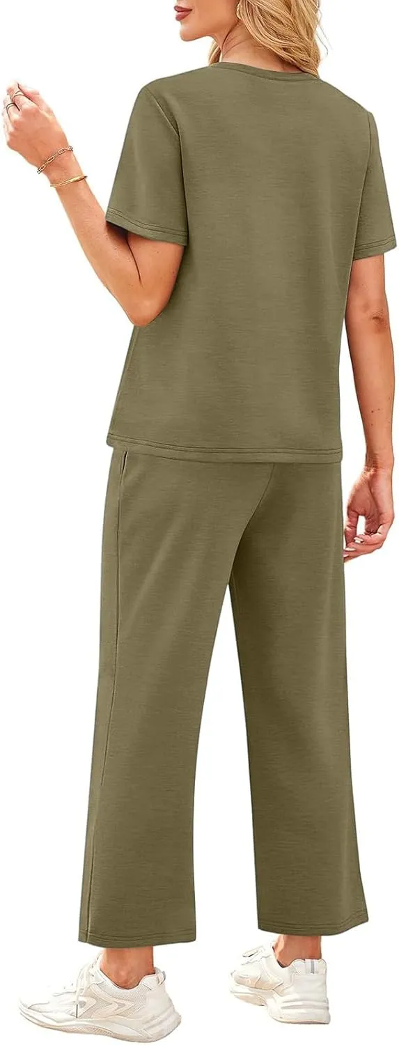 Workout Sets for Women 2025 Summer Outfits Sport Lounge Short Sleeve Wide Leg Pants Clothing Travel Fitness Sets