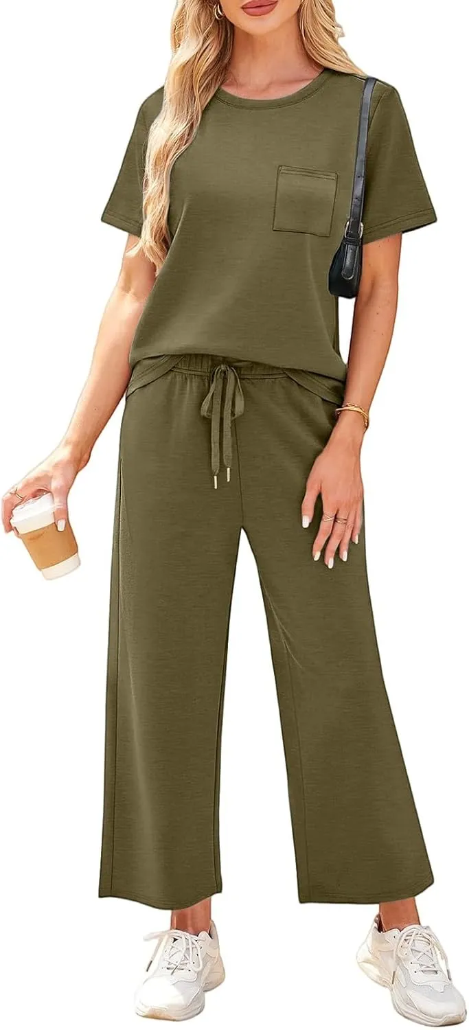 Workout Sets for Women 2025 Summer Outfits Sport Lounge Short Sleeve Wide Leg Pants Clothing Travel Fitness Sets