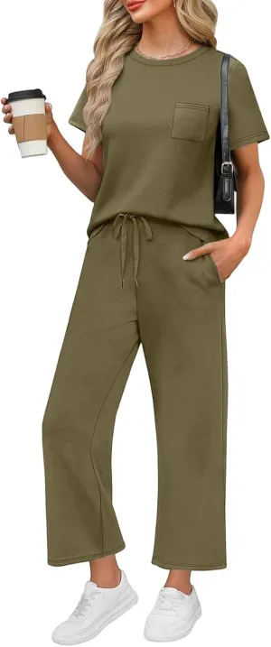 Workout Sets for Women 2025 Summer Outfits Sport Lounge Short Sleeve Wide Leg Pants Clothing Travel Fitness Sets