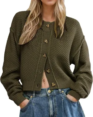 Wowcarbazole Womens Open Front Cardigan Sweaters Long Sleeve Button Down Knit Jackets Coat Cropped Cute Tops Fall Outerwear