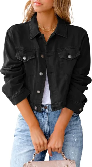 XBTCLXEBCO Vintage Denim Jacket for Women Long Sleeve Button Down Cropped Jean Coat Classic Distressed Denim Trucker Jacket