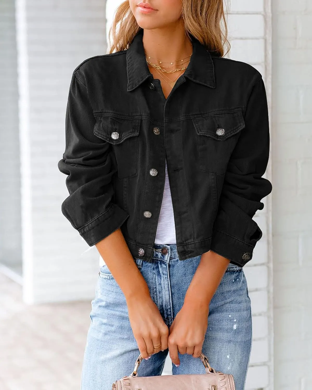 XBTCLXEBCO Vintage Denim Jacket for Women Long Sleeve Button Down Cropped Jean Coat Classic Distressed Denim Trucker Jacket