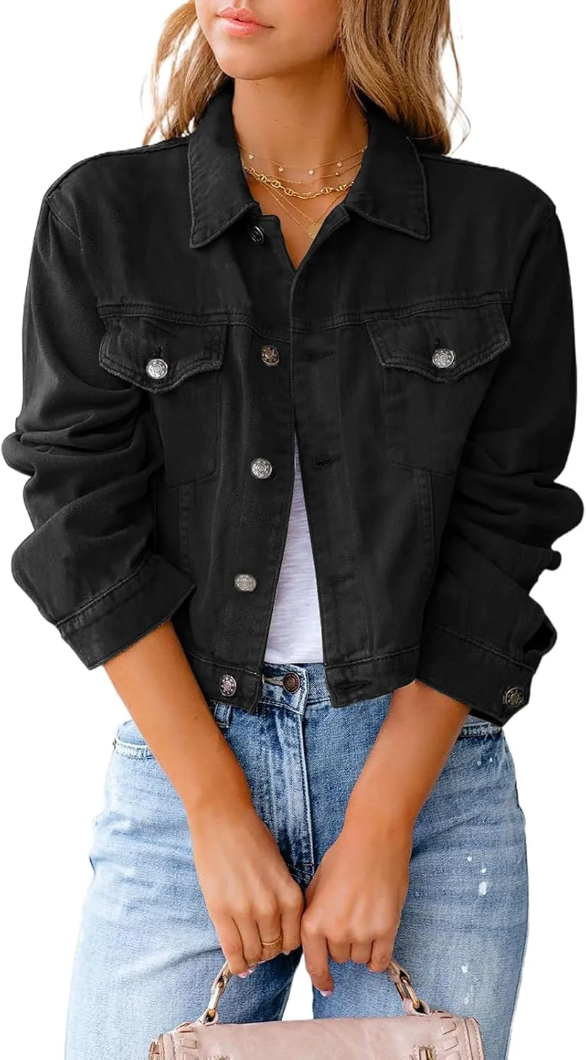 XBTCLXEBCO Vintage Denim Jacket for Women Long Sleeve Button Down Cropped Jean Coat Classic Distressed Denim Trucker Jacket