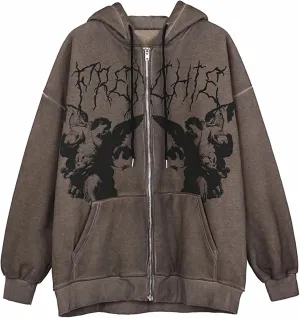 XBTCLXEBCO Women's Oversized Hoodie Sweatshirt Graphic Print Long Sleeve Zipper Hooded Coat Vintage Loose Jacket With Pockets