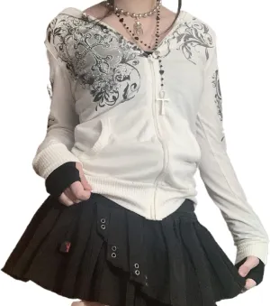 XFLnaraz Women's Harajuku Hoodie Vintage Sweatshirt Long Sleeve Zip-Up Oversized Jacket with Pockets