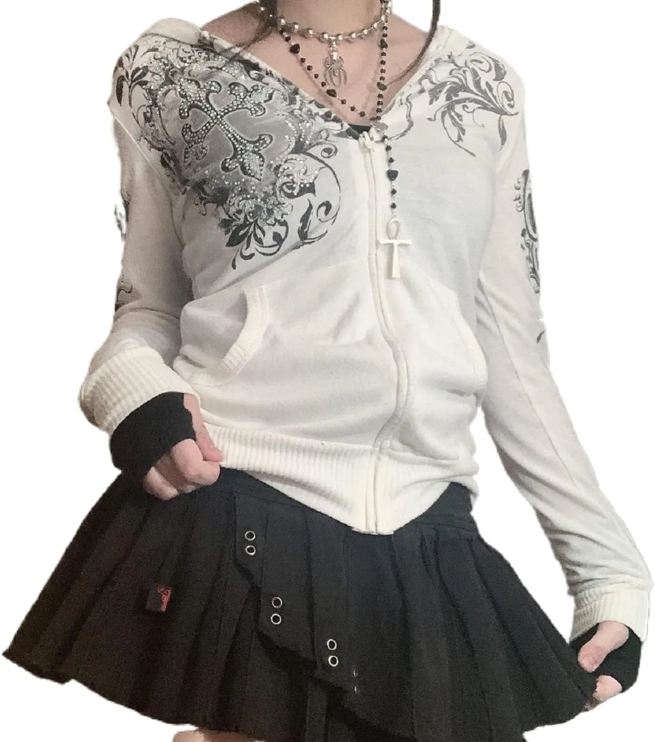XFLnaraz Women's Harajuku Hoodie Vintage Sweatshirt Long Sleeve Zip-Up Oversized Jacket with Pockets