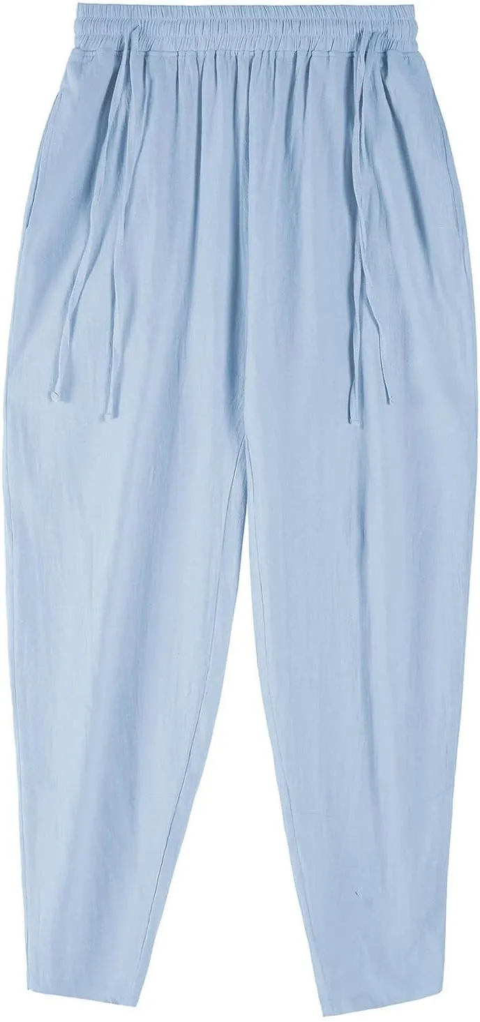 Xiaojmake Cotton Linen Long Pant Men Summer Home Beach Pants Loose Fit Elastic Waist Drawstring Lounge Pant Wide Leg Trouser