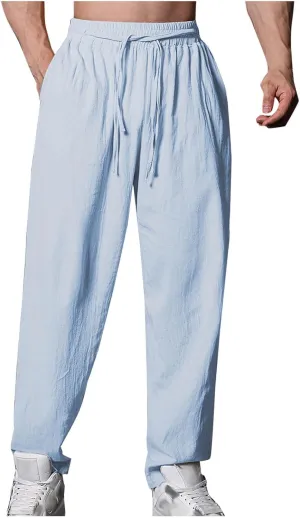 Xiaojmake Cotton Linen Long Pant Men Summer Home Beach Pants Loose Fit Elastic Waist Drawstring Lounge Pant Wide Leg Trouser