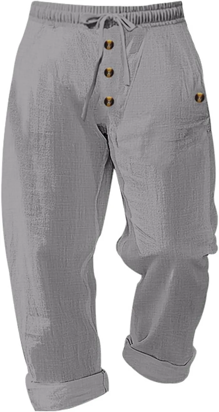Xiaojmake Men's Cropped Linen Pants Casual Cuffed Hem Buttoned Yoga Pants Baggy Elastic Waist Drawstring Beach Capris Pants