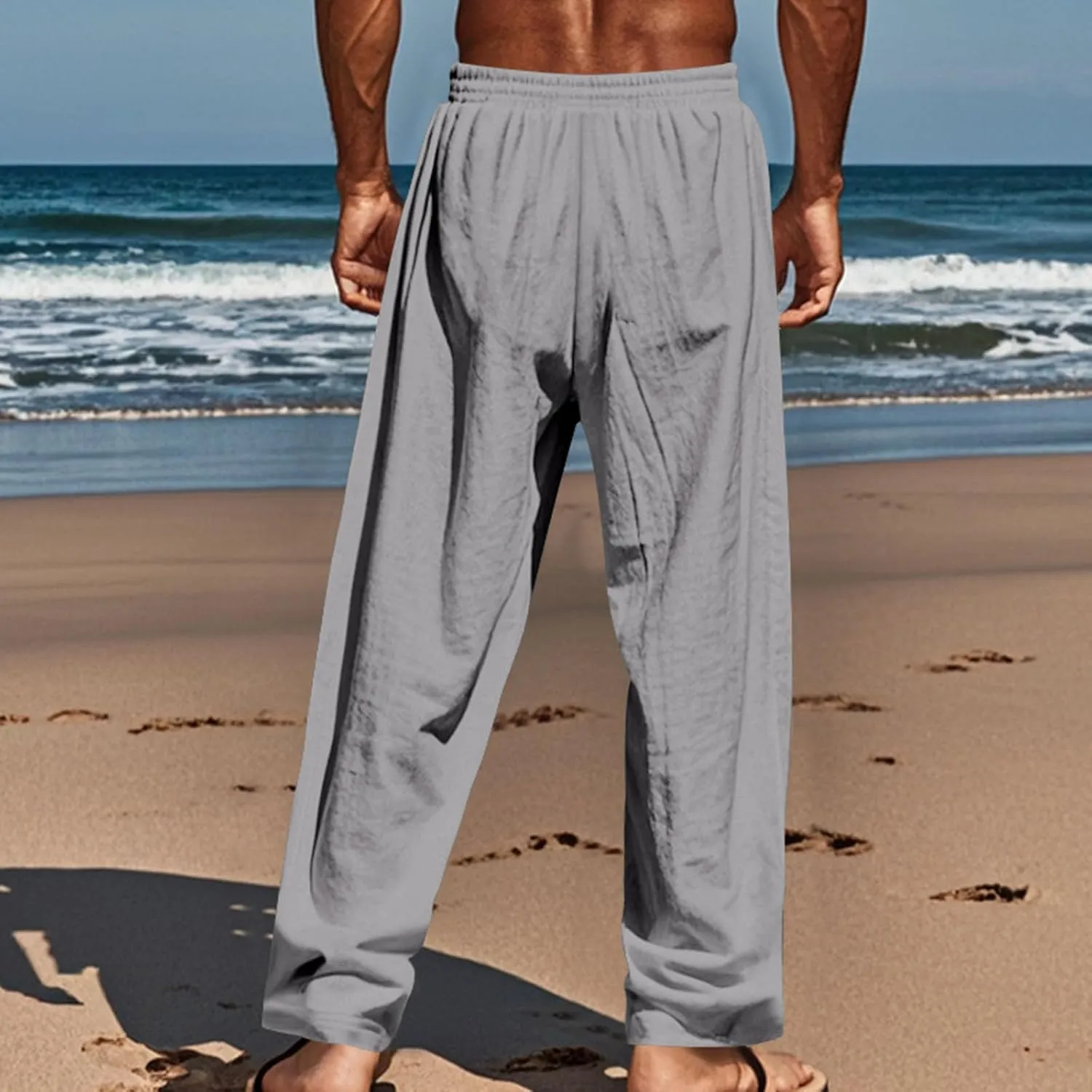Xiaojmake Men's Cropped Linen Pants Casual Cuffed Hem Buttoned Yoga Pants Baggy Elastic Waist Drawstring Beach Capris Pants