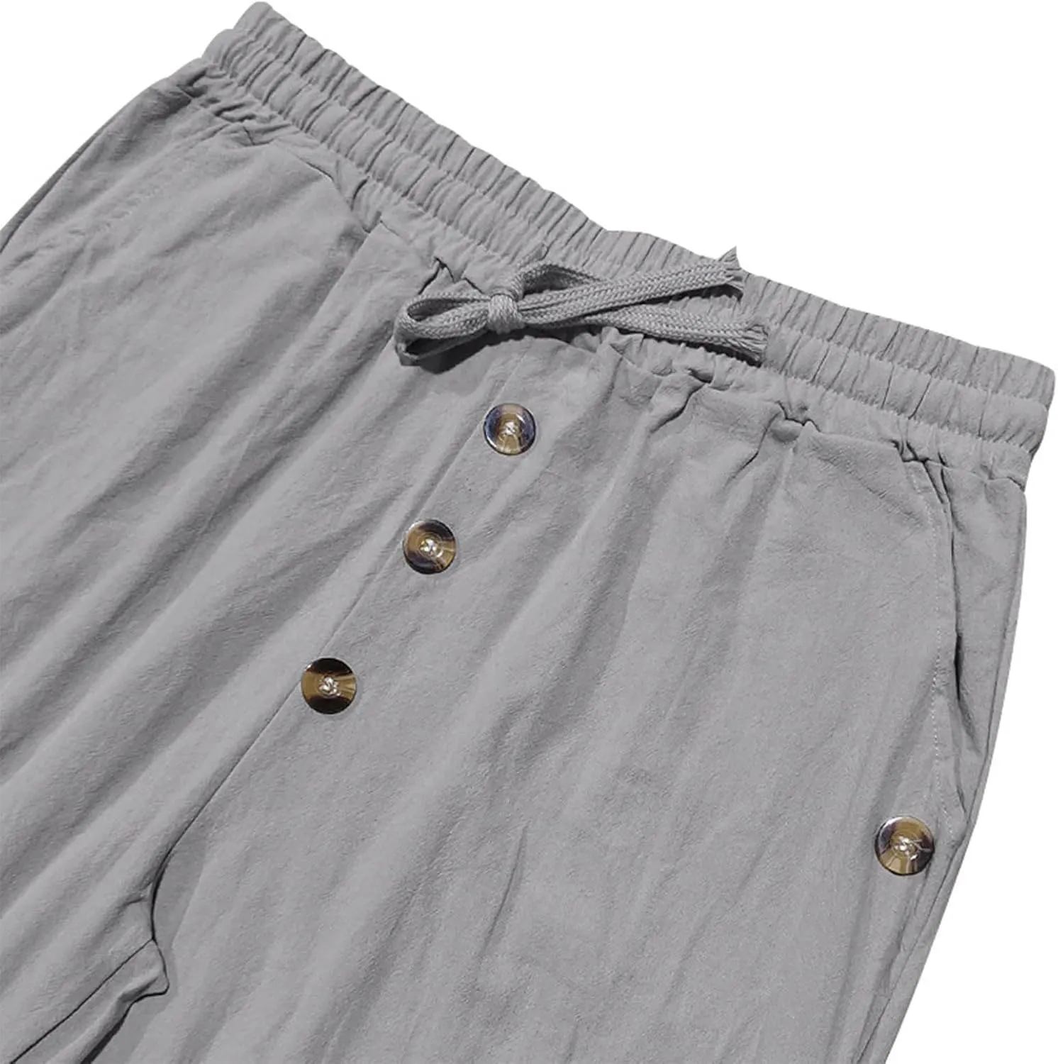 Xiaojmake Men's Cropped Linen Pants Casual Cuffed Hem Buttoned Yoga Pants Baggy Elastic Waist Drawstring Beach Capris Pants