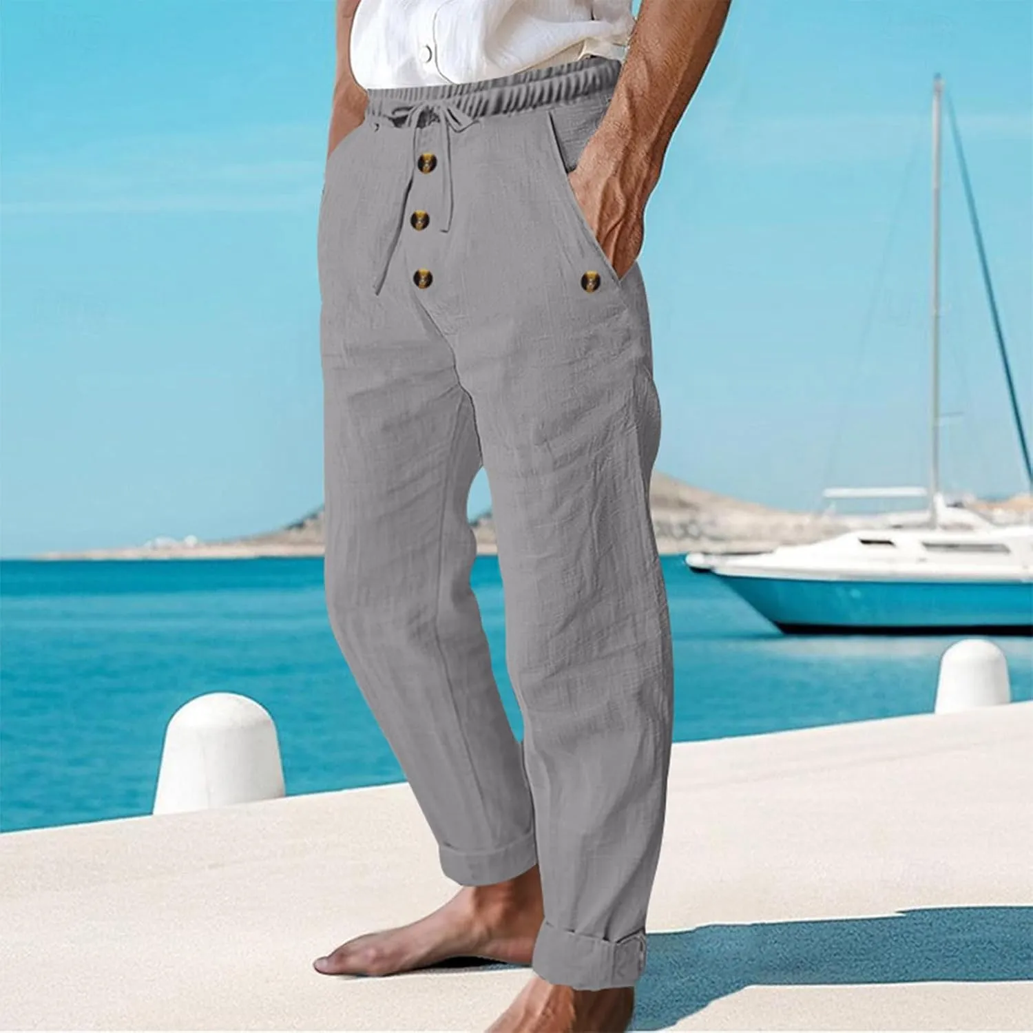 Xiaojmake Men's Cropped Linen Pants Casual Cuffed Hem Buttoned Yoga Pants Baggy Elastic Waist Drawstring Beach Capris Pants