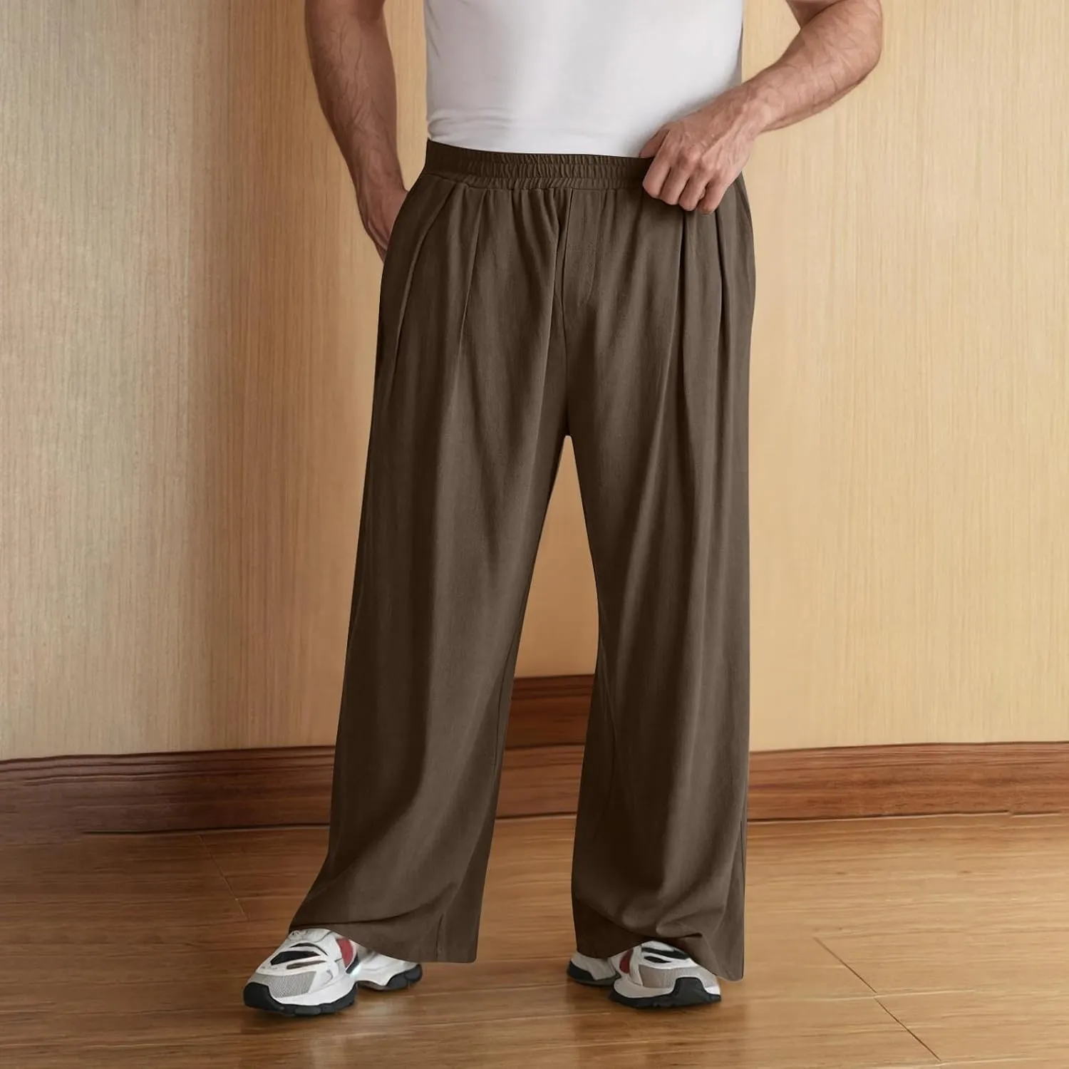Xiaojmake Men's Wide Leg Linen Pants Big and Tall Casual Loose Cotton Hippie Yoga Beach Pants Straight Fit Baggy Trousers