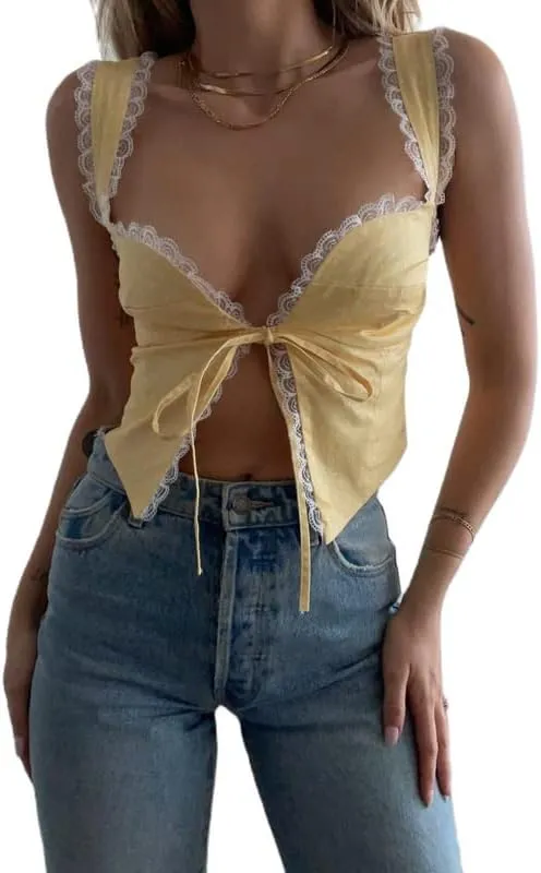 Y2K Sexy Lace V Neck Cami Crop Top Sleeveless Slim Fit Spaghetti Strap Tank Tops Crop Camisoles Summer Streetwear