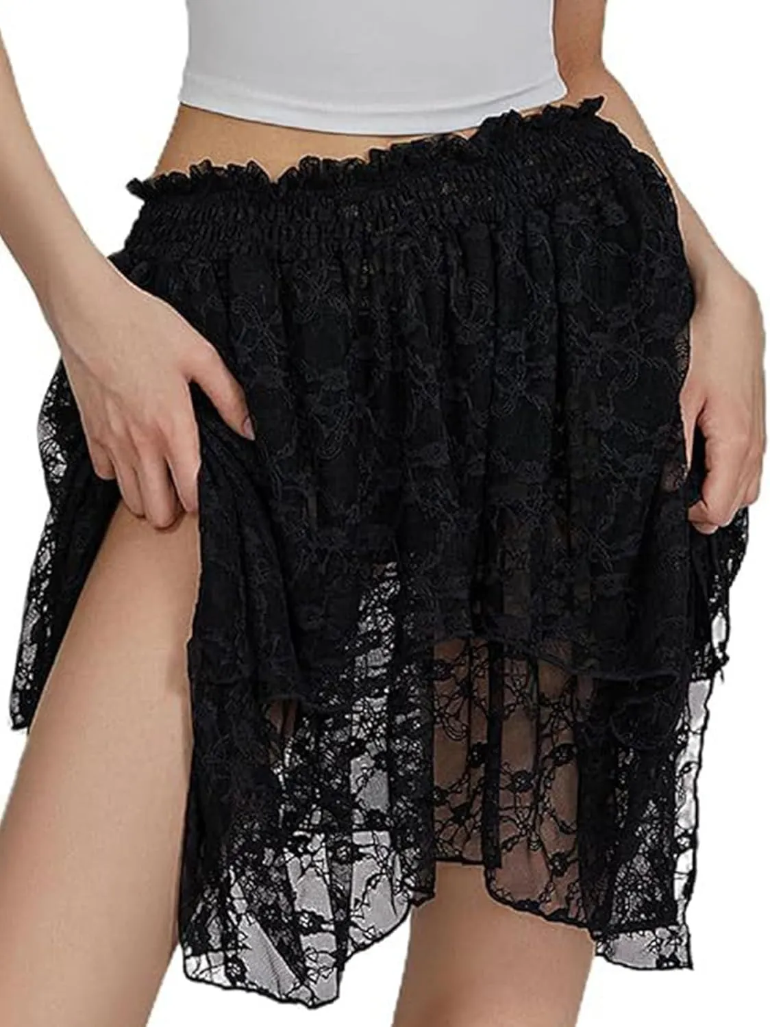 YKR Lace Slip Skirt for Women Y2k Pleated Mini Skirt Flowy Ruffle Half Skirts Underskirt