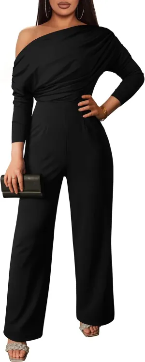 YMDUCH Women's Fall Elegant Long Sleeve Off Shoulder Wide Leg Long Pant Jumpsuits