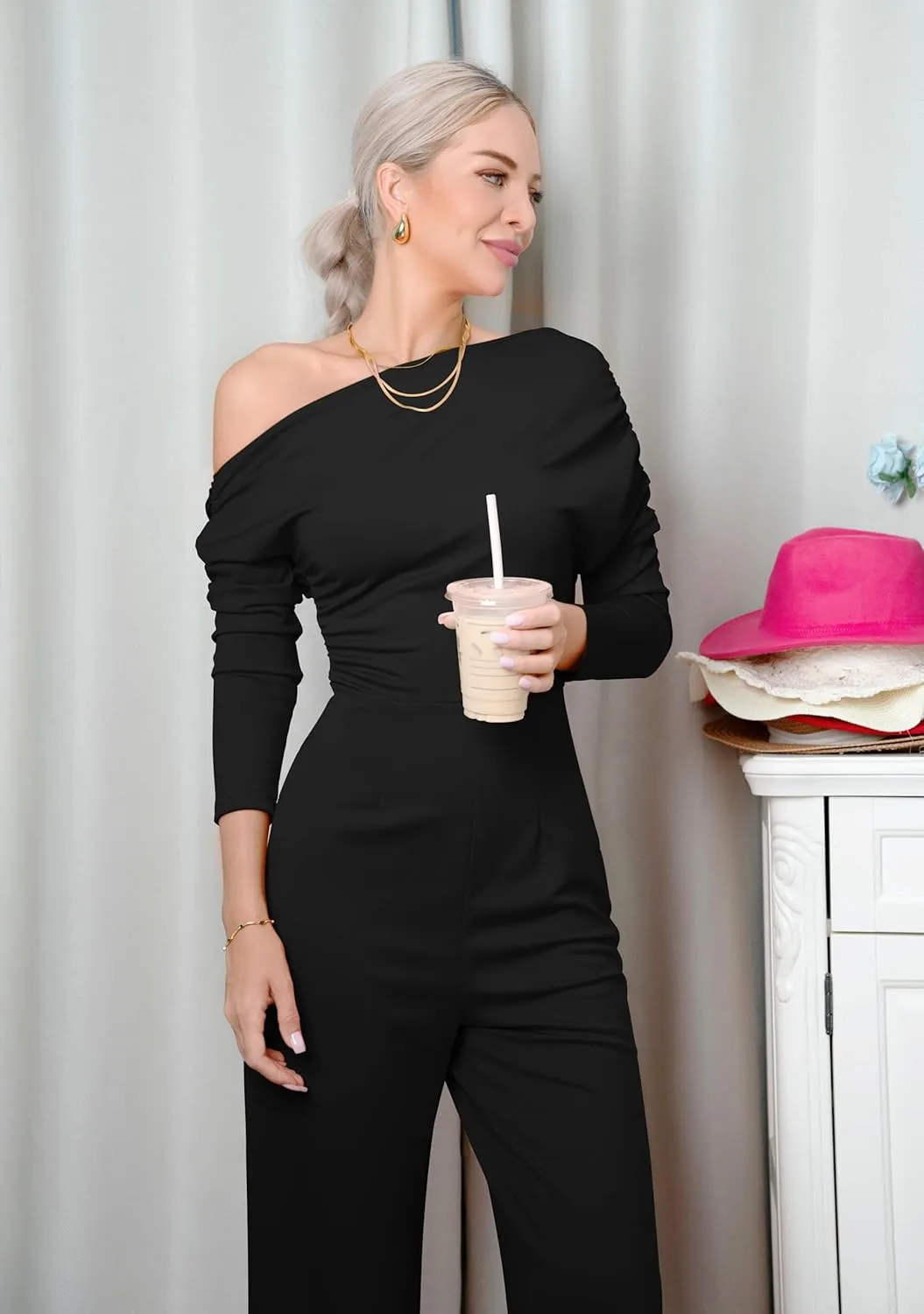 YMDUCH Women's Fall Elegant Long Sleeve Off Shoulder Wide Leg Long Pant Jumpsuits